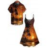 Vacation Couple Outfit Coconut Tree Beach Landscape Print Dress and Shirt Set - Orange S | US 4