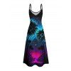 Gothic Couple Outfit Coconut Tree Starry Night Print Spaghetti Strap Long Dress and Shirt Set - Noir S | US 4