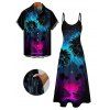 Gothic Couple Outfit Coconut Tree Starry Night Print Spaghetti Strap Long Dress and Shirt Set - Noir S | US 4