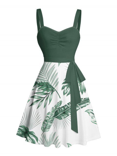 Robe de vacances pour la plage, imprimé feuilles tropicales, robe à ceinture froncée