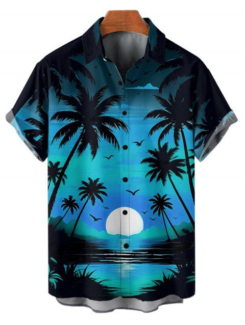 Chemise de plage boutonnée pour homme, imprimé cocotiers et coucher de soleil