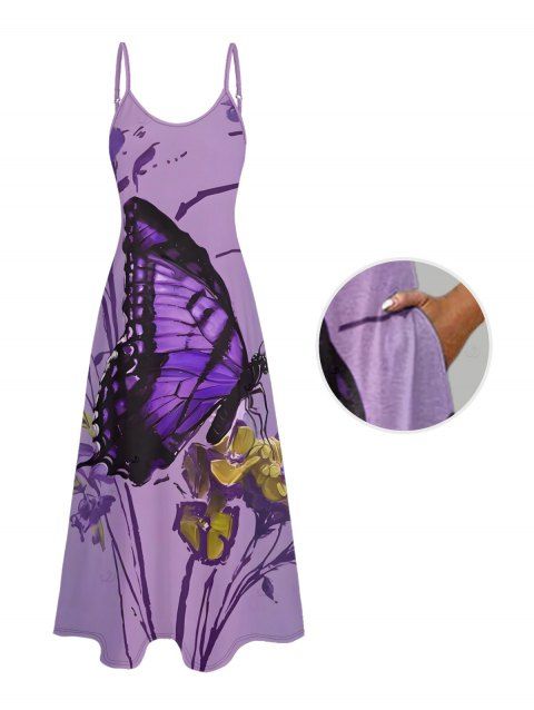 Robe de vacances longue à bretelles spaghetti avec imprimé floral papillon et poches