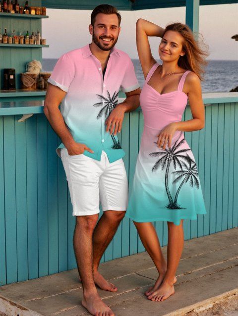 Vacation Couple Outfit for Beach Ombre Coconut Tree Print Mini Dress and Shirt Matching Set