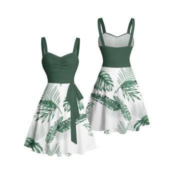 Vacation Dress for Beach Tropical Leaf Print Ruched Belt Dress