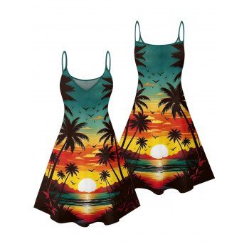 Sunset Coconut Tree Print Beach Dress Spaghetti Strap Mini Vacation Dress