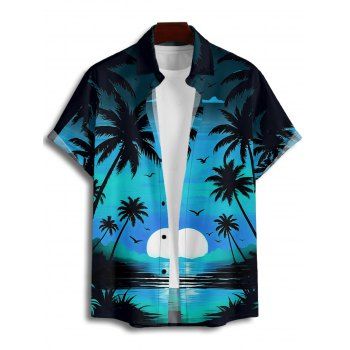 Beach Couple Outfit Sunset Coconut Tree Print Mini Dress and Shirt Vacation Set