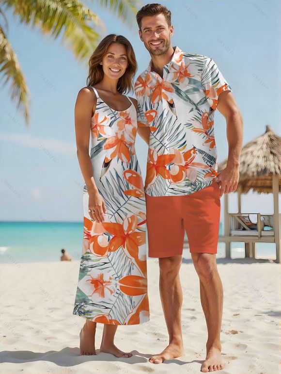 Vacation Couple Outfit Tropical Leaf Flower Pattern Spaghetti Strap Pocket Dress and Roll Up Sleeve Shirt Solid Color Drawstrings Beach Shorts Matching Outfit - Orange S | US 4
