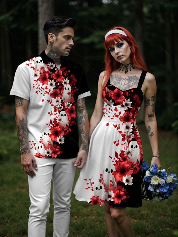 Gothic Couple Outfit Contrast Color Flower Ghost Pattern Ruched Bust Dress and Button Up Shirt Vacation Matching Outfit - Noir S | US 4