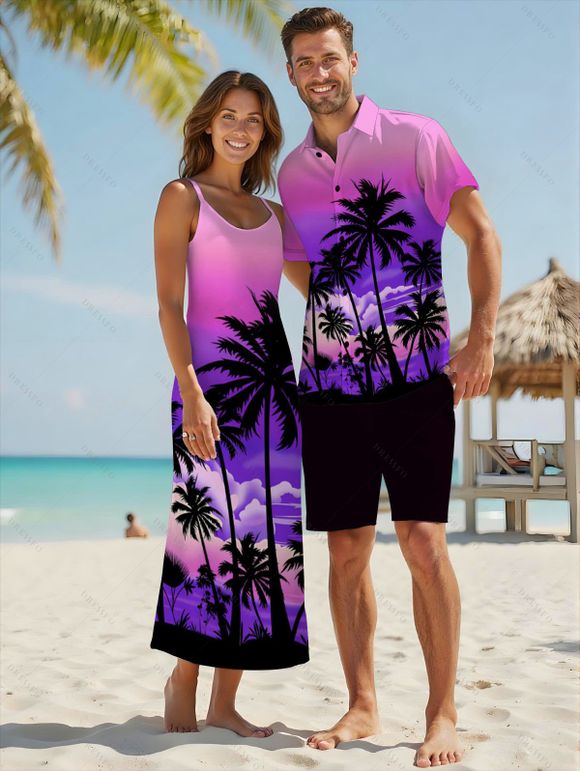Vacation Couple Outfit for Beach Ombre Coconut Tree Print Pocket Long Dress and Shirt Set - Pourpre S | US 4