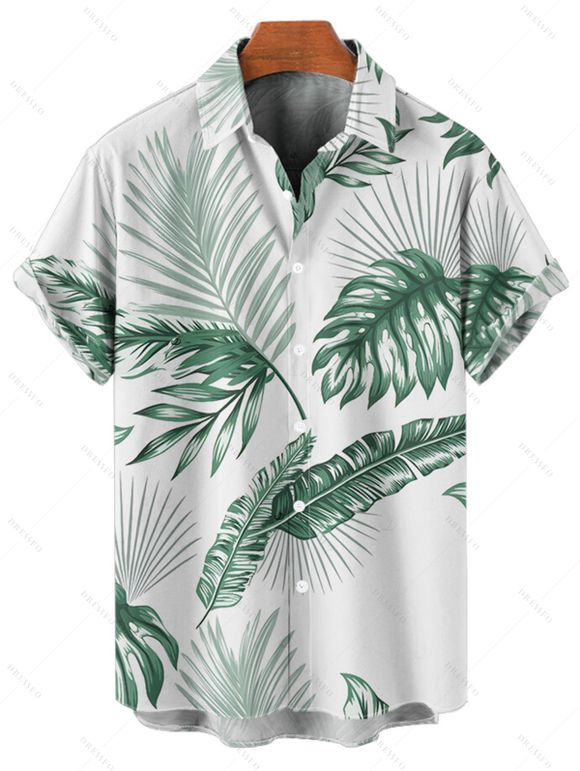Chemise de vacances pour homme, chemise de plage boutonnée à imprimé feuilles tropicales - Vert profond 5XL