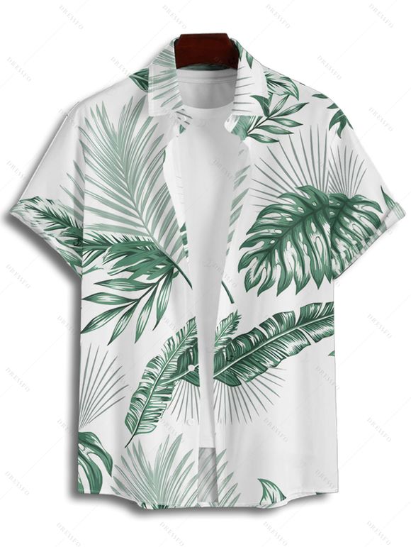 Chemise de vacances pour homme, chemise de plage boutonnée à imprimé feuilles tropicales - Vert profond 4XL