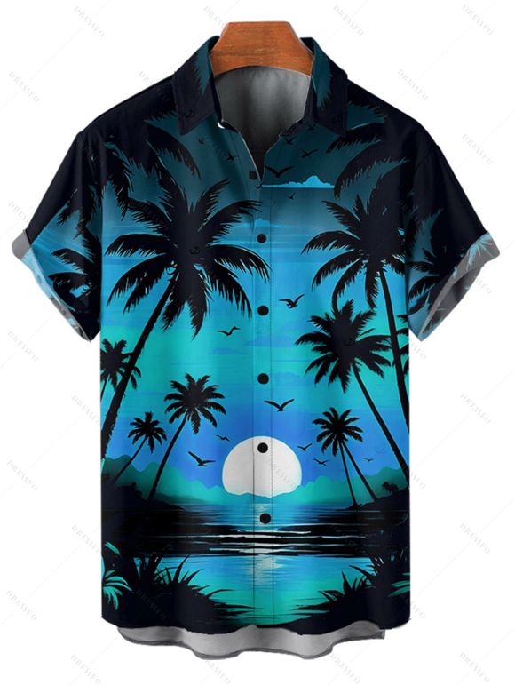 Chemise de plage boutonnée pour homme, imprimé cocotiers et coucher de soleil - Bleu 5XL