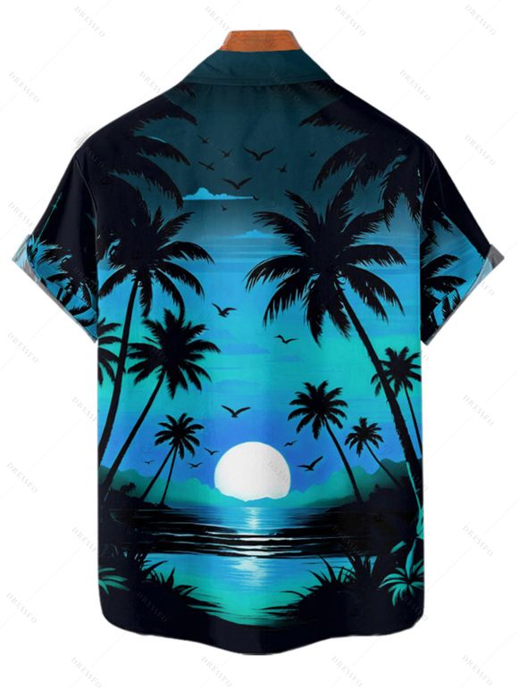 Men's Beach Shirt Sunset Coconut Tree Print Button Up Vacation Shirt - BLUE 3XL