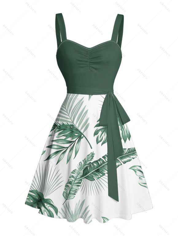 Robe de vacances pour la plage, imprimé feuilles tropicales, robe à ceinture froncée - Vert profond XXXXXL | US 20