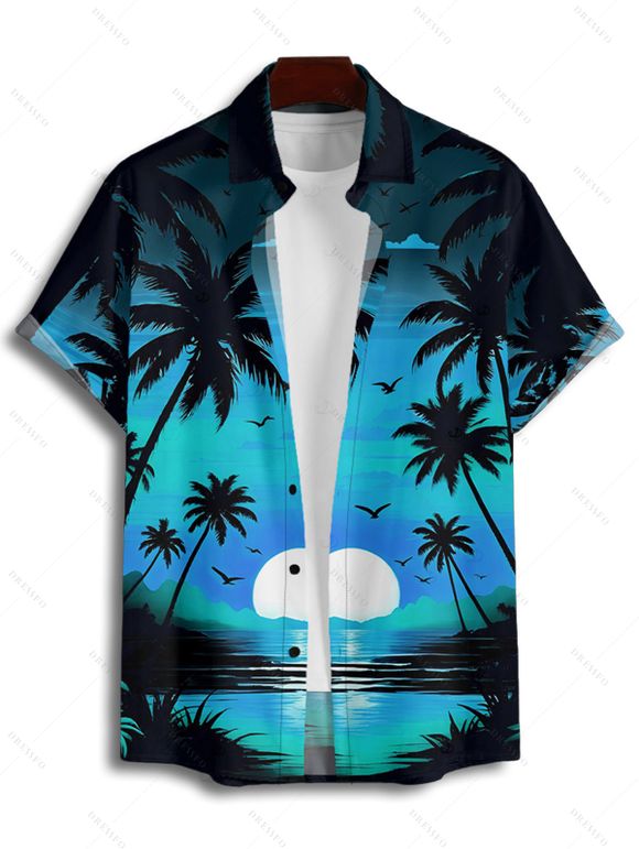 Men's Beach Shirt Sunset Coconut Tree Print Button Up Vacation Shirt - BLUE 3XL