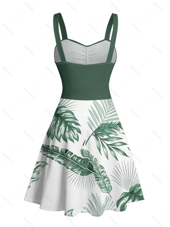 Robe de vacances pour la plage, imprimé feuilles tropicales, robe à ceinture froncée - Vert profond L | US 8-10