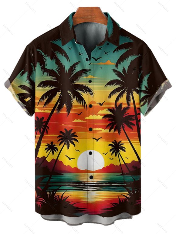 Chemise de plage boutonnée pour homme, imprimé cocotiers et coucher de soleil - Orange 5XL