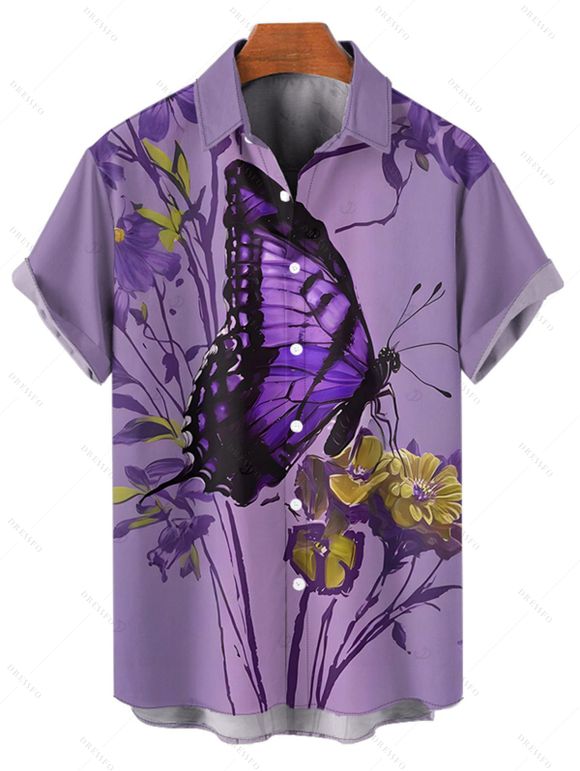 Chemise de vacances pour homme, boutonnée, imprimé floral et papillon - Pourpre 5XL