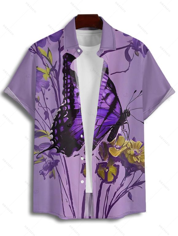 Chemise de vacances pour homme, boutonnée, imprimé floral et papillon - Pourpre 4XL