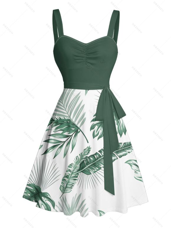 Vacation Couple Outfit for Beach Tropical Leaf Print Belt Dress and Shirt Set - Vert profond S | US 4