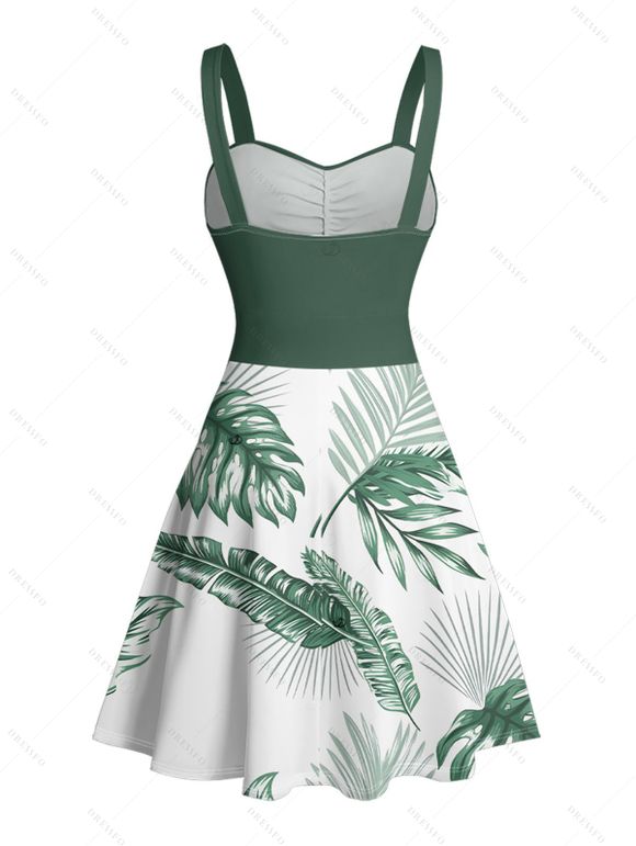 Vacation Couple Outfit for Beach Tropical Leaf Print Belt Dress and Shirt Set - Vert profond S | US 4