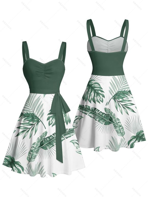 Vacation Couple Outfit for Beach Tropical Leaf Print Belt Dress and Shirt Set - Vert profond S | US 4