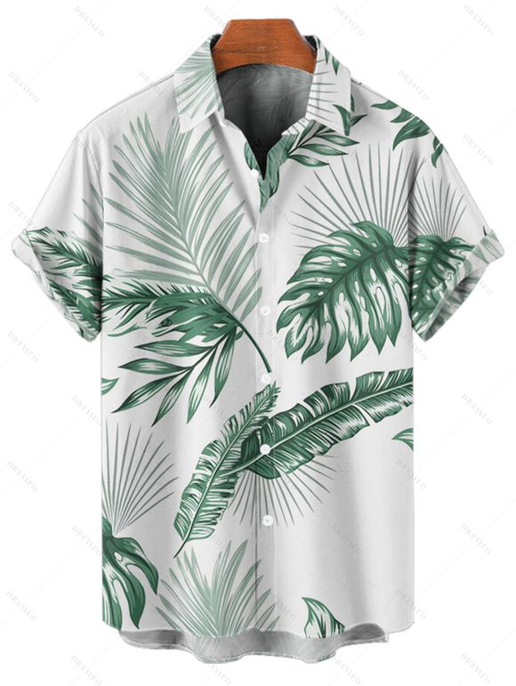 Vacation Couple Outfit for Beach Tropical Leaf Print Belt Dress and Shirt Set - Vert profond S | US 4