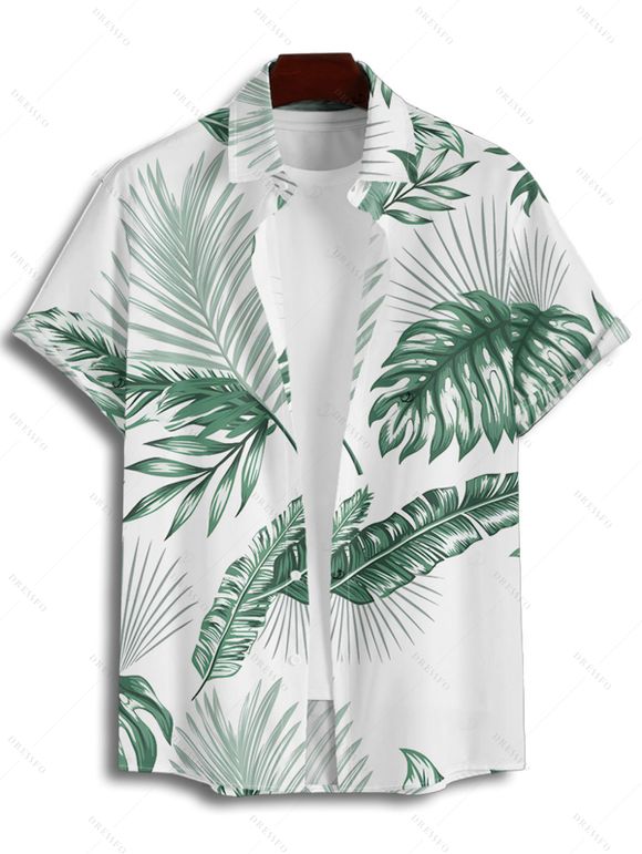 Vacation Couple Outfit for Beach Tropical Leaf Print Belt Dress and Shirt Set - Vert profond S | US 4