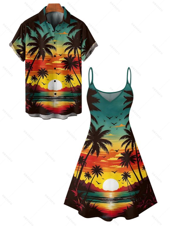 Beach Couple Outfit Sunset Coconut Tree Print Mini Dress and Shirt Vacation Set - Orange S | US 4