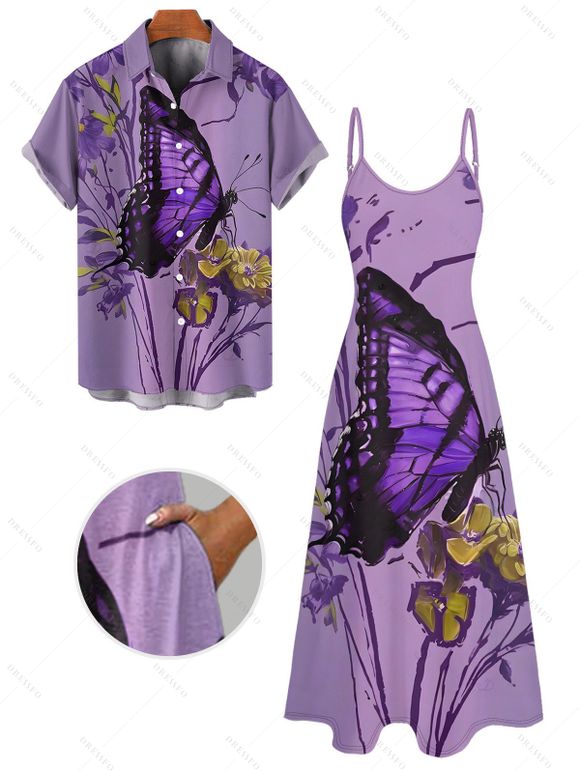 Vacation Couple Outfit Butterfly Floral Print Long Dress and Shirt Set - Pourpre S | US 4