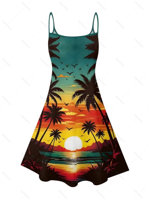 Beach Couple Outfit Sunset Coconut Tree Print Mini Dress and Shirt Vacation Set - Orange S | US 4