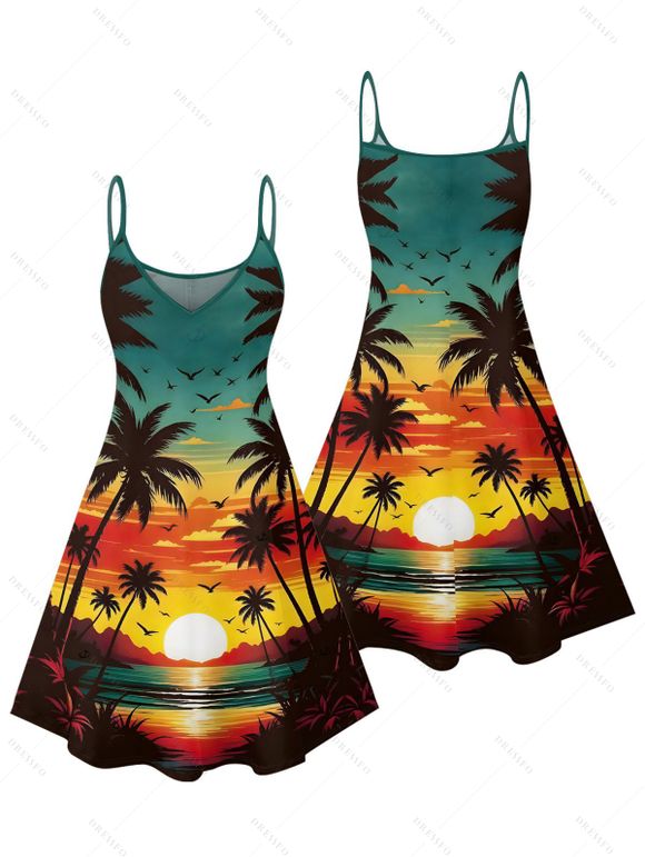Beach Couple Outfit Sunset Coconut Tree Print Mini Dress and Shirt Vacation Set - Orange S | US 4