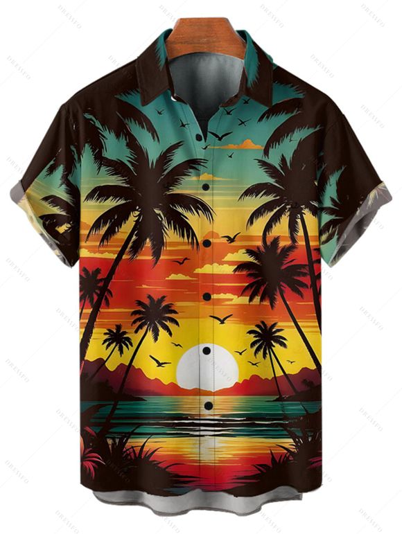 Beach Couple Outfit Sunset Coconut Tree Print Mini Dress and Shirt Vacation Set - Orange S | US 4