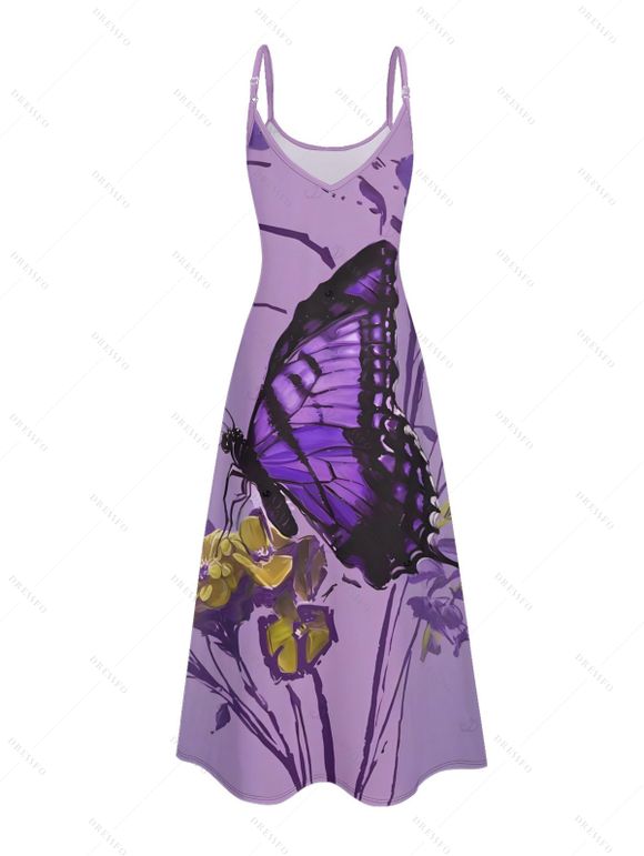 Vacation Couple Outfit Butterfly Floral Print Long Dress and Shirt Set - Pourpre S | US 4