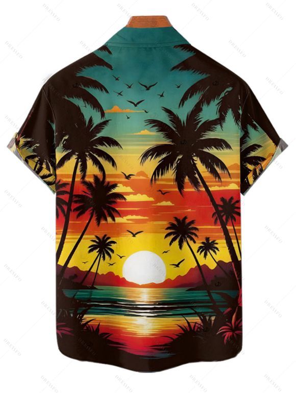 Beach Couple Outfit Sunset Coconut Tree Print Mini Dress and Shirt Vacation Set - Orange S | US 4
