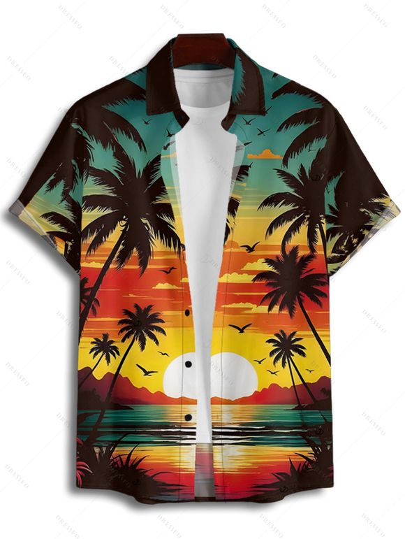 Beach Couple Outfit Sunset Coconut Tree Print Mini Dress and Shirt Vacation Set - Orange S | US 4