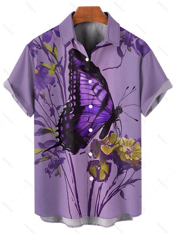 Vacation Couple Outfit Butterfly Floral Print Long Dress and Shirt Set - Pourpre S | US 4