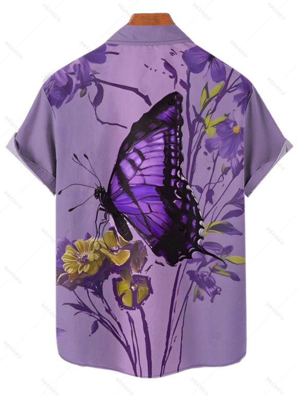 Vacation Couple Outfit Butterfly Floral Print Long Dress and Shirt Set - Pourpre S | US 4