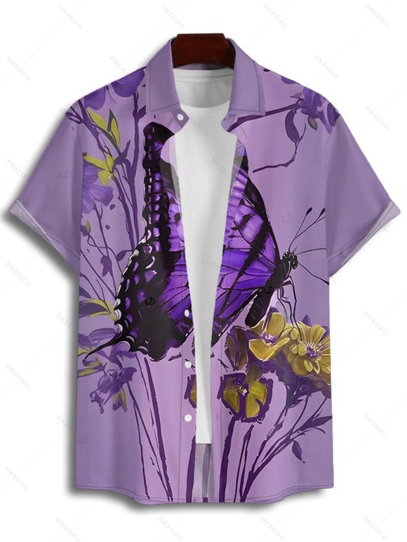Vacation Couple Outfit Butterfly Floral Print Long Dress and Shirt Set - Pourpre S | US 4