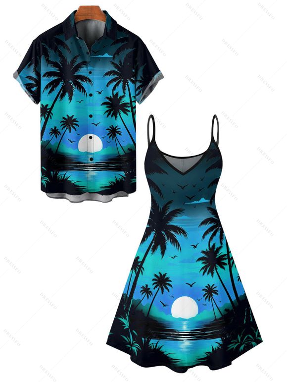 Beach Couple Outfit Sunset Coconut Tree Print Mini Dress and Shirt Vacation Set - Bleu S | US 4