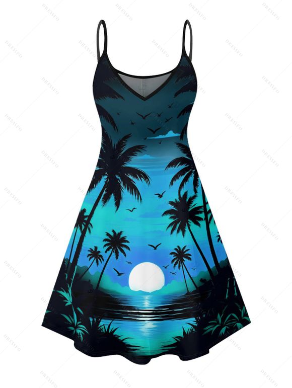 Beach Couple Outfit Sunset Coconut Tree Print Mini Dress and Shirt Vacation Set - Bleu S | US 4