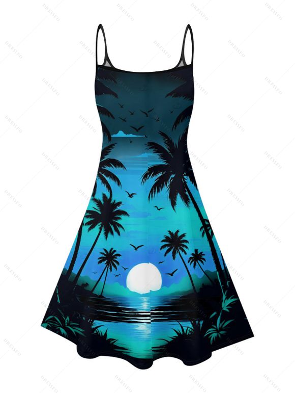 Beach Couple Outfit Sunset Coconut Tree Print Mini Dress and Shirt Vacation Set - Bleu S | US 4