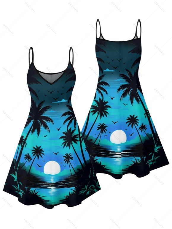 Beach Couple Outfit Sunset Coconut Tree Print Mini Dress and Shirt Vacation Set - Bleu S | US 4