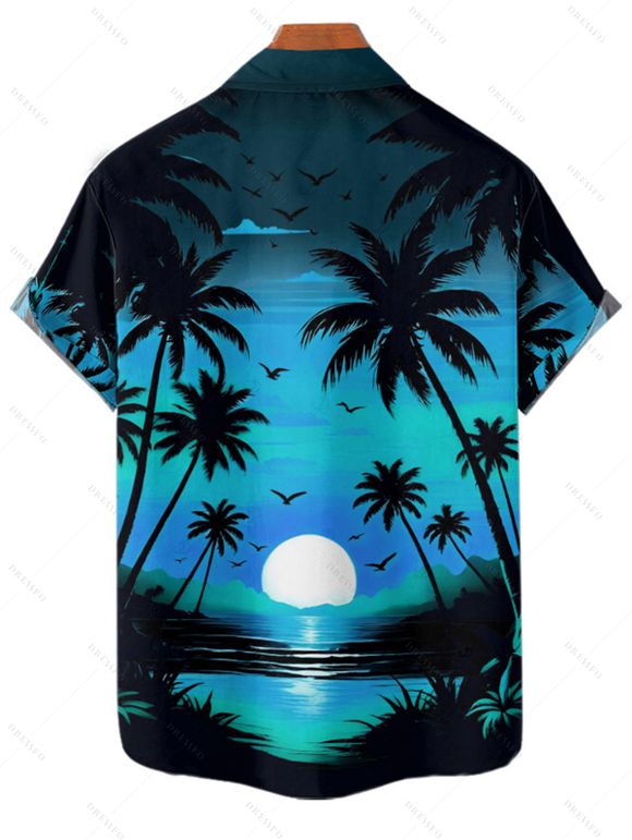 Beach Couple Outfit Sunset Coconut Tree Print Mini Dress and Shirt Vacation Set - Bleu S | US 4