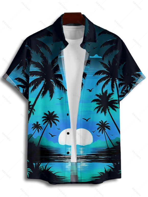 Beach Couple Outfit Sunset Coconut Tree Print Mini Dress and Shirt Vacation Set - Bleu S | US 4