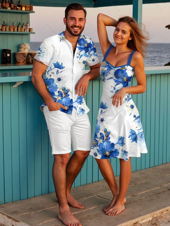 Vacation Couple Outfit Floral Leaf Dots Pattern Ruched Bust Belt Sweetheart Neck A Line Mini Dress and Button Up Shirt Casual Matching Outfit - Bleu S | US 4