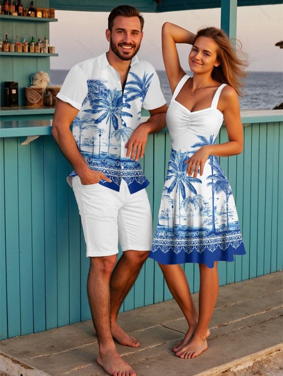 Vacation Couple Outfit Palm Tree Flower Leaf Pattern Ruched Bust Sweetheart Neck Dress and Button Up Shirt Beach Matching Outfit - Bleu S | US 4