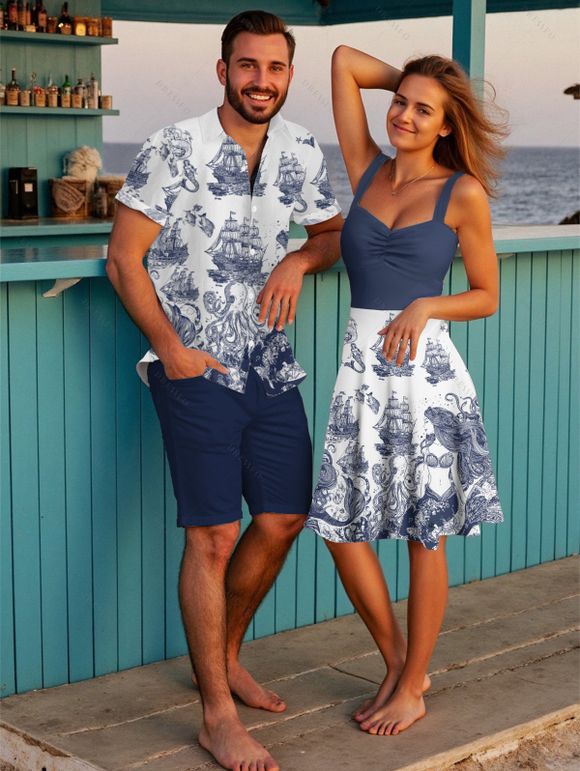 Vacation Couple Outfit Marine Life Mermaid Ship Octopus Wave Pattern Ruched Bust Dress and Button Up Shirt Beach Matching Outfit - Bleu profond S | US 4