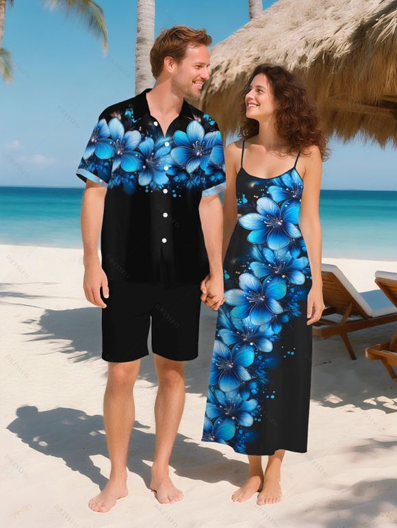 Vacation Couple Outfit Dots Floral Pattern Spaghetti Strap A Line Tank Dress and Roll Up Sleeve Shirt Matching Outfit - Noir S | US 4
