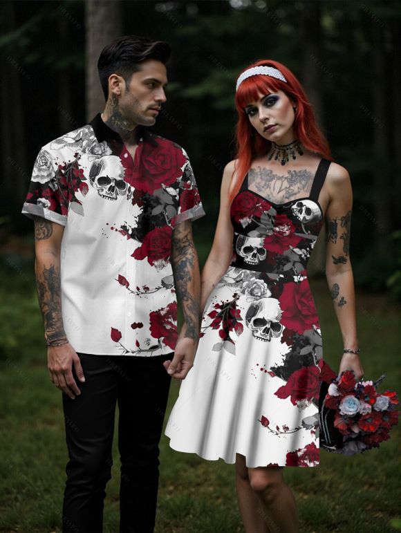 Gothic Couple Outfit Leaf Pattern Ruched Bust Sweetheart Neck A Line Mini Dress and Button Up Shirt Holiday Matching Outfit - multicolor A S | US 4